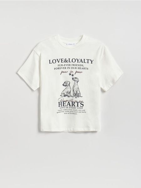 T-shirt z nadrukiem - wielobarwny. Koszulki dziewczęce Reserved, bez wzorów, z bawełny, bez ramiączek. Za 39.99 zł.