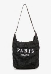 Czarna Pleciona Torebka Plażowa Shopper na Długim Pasku z Napisem Galenitia. Czarne shopper bag damskie Born2be, bez wzorów, bez dodatków. Za 84.99 zł.