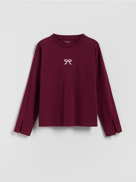 Koszulka z haftem - bordowy. Czerwone koszulki dziewczęce Reserved, bez wzorów, z bawełny, bez ramiączek. Za 45.99 zł.