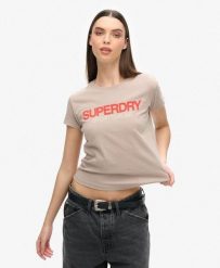 Dopasowana koszulka z logo odzieży sportowej. Brązowa bluzki sportowe damskie Superdry., l, z bawełny, bez kołnierzyka, bez ramiączek. Za 132.10 zł.