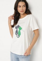 Biały T-shirt z Bawełny z Ozdobnym Napisem i Nadrukiem Olinella. Białe t-shirty damskie Born2be, l, bez wzorów, z bawełny, bez kołnierzyka. Za 39.99 zł.
