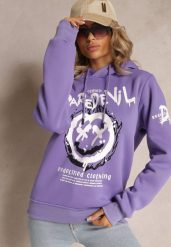 Fioletowa Bluza z Polarem i Nadrukiem Thalindra. Fioletowe bluzy z kapturem damskie Renee, xl, z dzianiny. Za 69.99 zł.