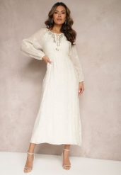 Jasnobeżowa Sukienka Boho Ozdobiona Wiązaniem i Cyrkoniami Przy Dekolcie z Gumką w Talii Kalenda. Brązowe sukienki damskie Renee, na imprezę, l, z aplikacjami, boho, bez kołnierzyka, bez ramiączek, maxi. W wyprzedaży za 111.99 zł.