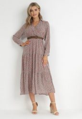 Różowa Sukienka Rozkloszowana w Kwiaty z Paskiem Khito. Czerwone sukienki damskie Born2be, na co dzień, l, bez wzorów, eleganckie, bez kołnierzyka, bez ramiączek, maxi, rozkloszowane. Za 119.99 zł.