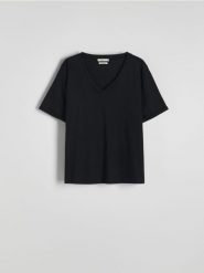 T-shirt z merceryzowaną bawełną - czarny. Czarne t-shirty damskie Reserved, l, bez wzorów, z bawełny, bez kołnierzyka. W wyprzedaży za 59.99 zł.