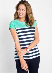 T-shirt z przędzy mieszankowej, krótki rękaw. Zielone t-shirty damskie bonprix, bez wzorów, bez kołnierzyka. Za 49.99 zł.