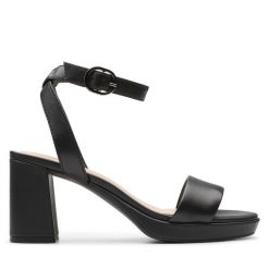 Sandały Clarks. Czarne sandały damskie Clarks, bez wzorów, bez obcasa, na słupku. Za 279.99 zł.