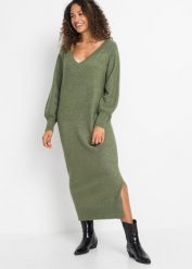Sukienka dzianinowa oversize. Brązowe sukienki damskie bonprix, bez wzorów, z dzianiny, bez kołnierzyka, bez ramiączek, maxi, oversize. Za 129.99 zł.