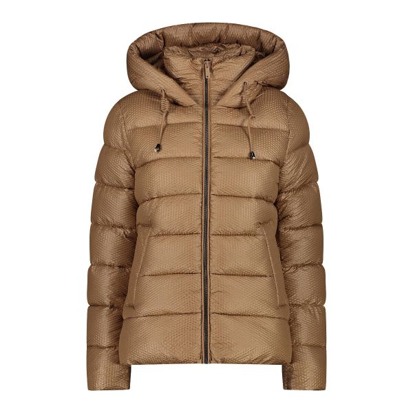 Kurtka puchowa z kapturem z efektem 3D dla kobiet CMP. Brązowe kurtki damskie CMP, bez wzorów, z puchu, z kapturem. W wyprzedaży za 722.00 zł.