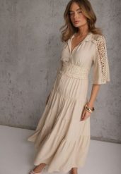 Beżowa Boho Sukienka z Wiskozą o Rozkloszowanym Kroju z Ażurowymi Wstawkami Idacea. Brązowe sukienki damskie Renee, na co dzień, l, w ażurowe wzory, z materiału, boho, bez kołnierzyka, bez ramiączek, maxi, proste. Za 199.99 zł.