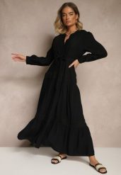 Czarna Wiskozowa Sukienka o Rozkloszowanym Kroju z Wiązanym Paskiem i Koronką Reisavien. Czarne sukienki damskie Renee, na co dzień, l, bez wzorów, z koronki, eleganckie, bez kołnierzyka, bez ramiączek, maxi, rozkloszowane. W wyprzedaży za 118.99 zł.