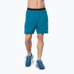 Spodenki tenisowe męskie Mizuno Laser Short. Niebieskie szorty męskie Mizuno, bez wzorów, sportowe. Za 149.99 zł.