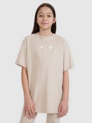 4F T-shirt oversize z nadrukiem dziewczęcy - beżowy 152 (11-12 lat). Brązowe koszulki dziewczęce 4f, bez wzorów, z bawełny, bez ramiączek. W wyprzedaży za 29.99 zł.