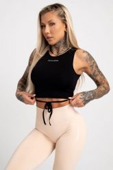 Top fitness damski Gym Glamour wiązany. Czarne topy sportowe damskie GYM GLAMOUR, l, bez wzorów, z materiału, bez ramiączek. Za 99.99 zł.
