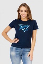 GUESS Granatowy t-shirt damski iconic. Niebieskie t-shirty damskie Guess, s, z aplikacjami, z bawełny, bez kołnierzyka. W wyprzedaży za 129.99 zł.