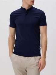 Koszula polo slim fit - granatowy. Niebieskie koszule męskie Reserved, l, bez wzorów, z dzianiny, bez kołnierzyka, bez ramiączek. W wyprzedaży za 69.99 zł.