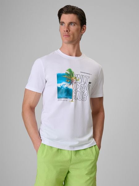 4F T-shirt regular z nadrukiem męski - biały L. Białe t-shirty męskie 4f, l, bez wzorów, z bawełny, bez kołnierzyka. Za 69.99 zł.