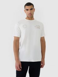 4F T-shirt oversize z nadrukiem męski - beżowy L. Brązowe t-shirty męskie 4f, l, bez wzorów, z bawełny, bez kołnierzyka. W wyprzedaży za 49.99 zł.