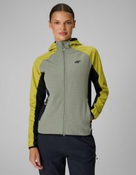 4F Kurtka softshell wiatroodporna damska - oliwkowa S. Brązowe kurtki damskie 4f, s, bez wzorów, z materiału, bez kaptura. Za 249.99 zł.