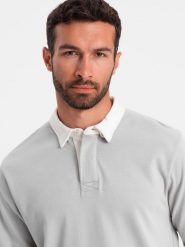 Bluza męska z białym kołnierzykiem polo - popielata V7. Szare bluzy bez kaptura męskie Ombre Clothing, m, z bawełny. W wyprzedaży za 79.99 zł.