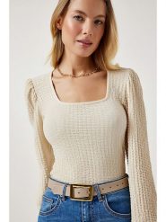 Happiness Istanbul Koszulka w kolorze kremowym rozmiar: 42. Brązowe bluzki damskie Happiness Istanbul, bez wzorów, bez kołnierzyka, bez ramiączek. Za 65.99 zł.