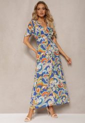 Niebieska Rozkloszowana Sukienka z Bawełny o Kopertowym Kroju w Print Paisley Piavella. Niebieskie sukienki damskie Renee, na co dzień, l, bez wzorów, z bawełny, eleganckie, bez kołnierzyka, bez ramiączek, maxi, kopertowe. W wyprzedaży za 34.99 zł.