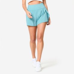 Spodenki fitness cardio damskie Domyos 2w1. Niebieskie spodenki sportowe damskie Decathlon, s, z materiału, na fitness i siłownię. W wyprzedaży za 54.99 zł.