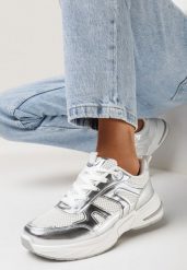 Srebrne Buty Sportowe z Metalicznymi Wstawkami i Siateczką Pareli. Białe buty sportowe na co dzień damskie Born2be, bez wzorów. Za 119.99 zł.