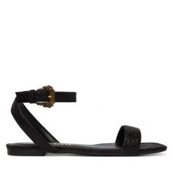 Sandały Versace Jeans Couture. Czarne sandały damskie Versace Jeans Couture, bez wzorów, z jeansu, bez obcasa, na płaskiej podeszwie. Za 789.99 zł.