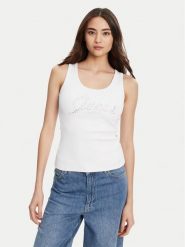 Guess Top W5YP00 KCXJ2 Biały Regular Fit. Białe topy damskie Guess, xxl, z aplikacjami, z syntetyku, bez kołnierzyka. Za 179.99 zł.
