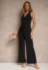 Czarny Kombinezon o Taliowanym Kroju z Dekoltem Halter i Wiązanym Paskiem Malisena. Czarne kombinezony damskie Renee, l, bez wzorów, eleganckie, bez kołnierzyka, bez ramiączek. Za 99.99 zł.