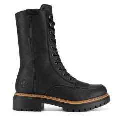 Trzewiki Rieker. Czarne botki damskie Rieker, bez obcasa, na płaskiej podeszwie, bez zapięcia. Za 279.99 zł.