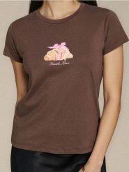 Bawełniana koszulka z nadrukiem - brązowy. Brązowe t-shirty damskie Sinsay, l, bez wzorów, z bawełny, bez kołnierzyka. Za 29.99 zł.