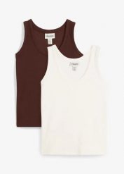 Prążkowany tank top z bawełną organiczną (2 szt.). Białe topy damskie bonprix, bez wzorów, z bawełny, bez kołnierzyka. Za 82.99 zł.