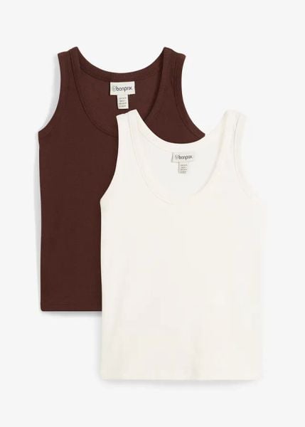 Prążkowany tank top z bawełną organiczną (2 szt.). Białe topy damskie bonprix, bez wzorów, z bawełny, bez kołnierzyka. Za 82.99 zł.