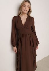 Brązowa Romantyczna Sukienka Koktajlowa z Falbanami i Marszczeniem w Pasie Aranilla. Brązowe sukienki damskie Born2be, l, z aplikacjami, z materiału, klasyczne, bez kołnierzyka, bez ramiączek, maxi, rozkloszowane. Za 199.99 zł.