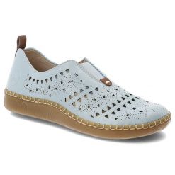 Półbuty damskie Rieker, cholewka ze skóry ekologicznej z ażurowym wzorem wsuwany fason z zabudowanym przodem, niebieskie, N2452-10. Niebieskie półbuty damskie Rieker, w ażurowe wzory, ze skóry ekologicznej, bez obcasa, na płaskiej podeszwie. Za 299.00 zł.