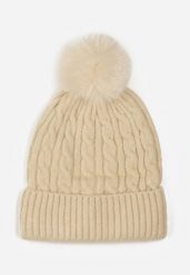 Beżowa Czapka w Warkoczowy Splot z Pomponem Vetisare. Brązowe czapki zimowe damskie Born2be, z dzianiny. Za 34.99 zł.