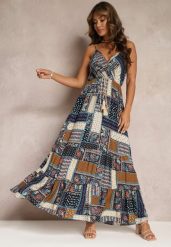 Granatowa Sukienka Grehan. Niebieskie sukienki damskie Renee, l, z aplikacjami, boho, bez kołnierzyka, bez ramiączek, maxi, kopertowe. W wyprzedaży za 76.99 zł.