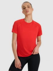 4F Koszulka do biegania regular szybkoschnąca damska - czerwona S. Czerwone bluzki sportowe damskie 4f, s, z materiału, bez kołnierzyka, bez ramiączek. W wyprzedaży za 79.99 zł.