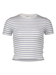 ONLY Koszulka w kolorze kremowo-niebieskim rozmiar: L. Brązowe bluzki damskie Only, l, bez wzorów, prążkowane, bez kołnierzyka, bez ramiączek. Za 43.99 zł.