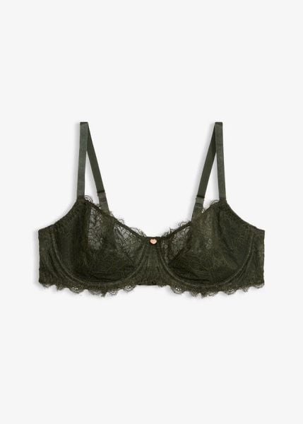 Biustonosz z fiszbinami z wyściełaniem z boku i delikatną koronką. Zielone biustonosze bonprix, bez wzorów, z koronki. Za 54.99 zł.