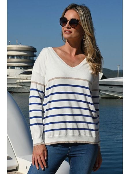 Bleu d'Azur Sweter "Saint Malo" w kolorze biało-niebieskim rozmiar: 44/46. Białe swetry klasyczne damskie Bleu d'Azur, bez kołnierzyka. Za 122.09 zł.