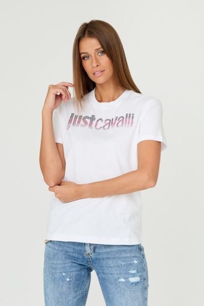 JUST CAVALLI Biały damski t-shirt R LOGO CRYSTAL, Rozmiar XL. Białe t-shirty damskie Just Cavalli, s, bez wzorów, z bawełny, bez kołnierzyka. W wyprzedaży za 284.99 zł.