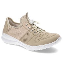 Beżowe Półbuty Rieker Wygodne Buty Damskie. Brązowe półbuty damskie Rieker, bez wzorów, ze skóry ekologicznej, bez obcasa, na koturnie. Za 305.90 zł.