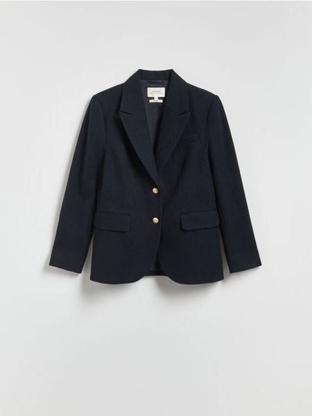 Jednorzędowa marynarka z wełną - granatowy. Niebieskie marynarki i żakiety damskie Reserved, l, bez wzorów, z tkaniny. Za 299.99 zł.
