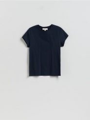 T-shirt z domieszką jedwabiu - granatowy. Niebieskie t-shirty damskie Reserved, l, bez wzorów, z bawełny, bez kołnierzyka. Za 89.99 zł.