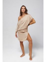 Beliza Sukienka "Jul" w kolorze beżowym rozmiar: L. Brązowe sukienki damskie Beliza, l, bez wzorów, bez kołnierzyka, bez ramiączek, midi. Za 262.29 zł.