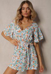 Jasnoniebieski Kombinezon z Dekoltem w Serek z Gumką w Talii i Materiałowym Paskiem Tessanda. Niebieskie kombinezony damskie Renee, l, bez wzorów, z materiału, eleganckie, bez kołnierzyka, bez ramiączek. Za 39.99 zł.