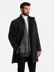 Męski płaszcz z wysokim kołnierzem i asymetrycznym zapięciem – czarny V2 OM-COWC-0120 - XXL. Czarne płaszcze męskie Ombre Clothing, l, z aplikacjami, z materiału, eleganckie. Za 311.99 zł.